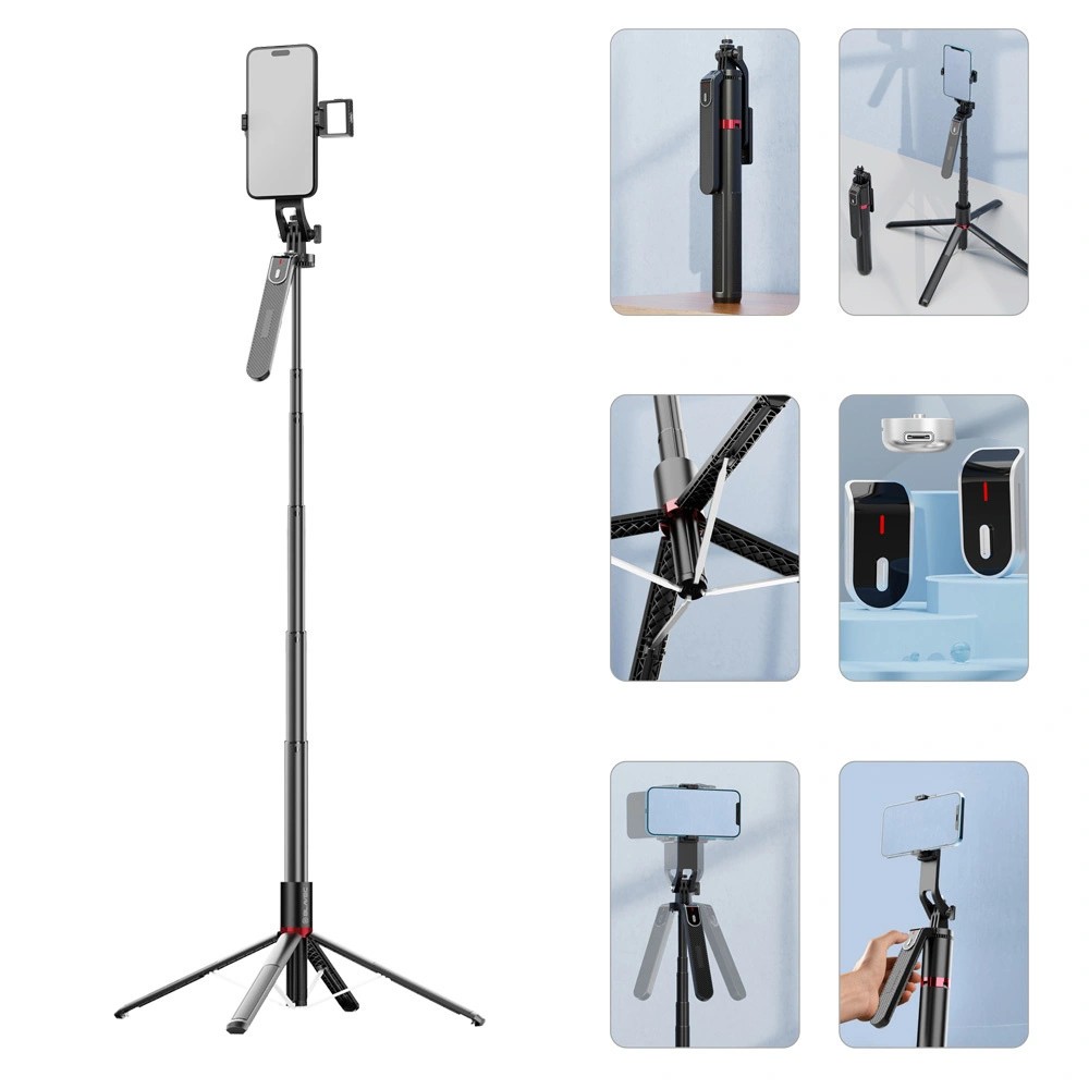 Statyw, uchwyt do selfie, rozkładany, selfie stick z lampą LED, 220 cm, czarny (4)