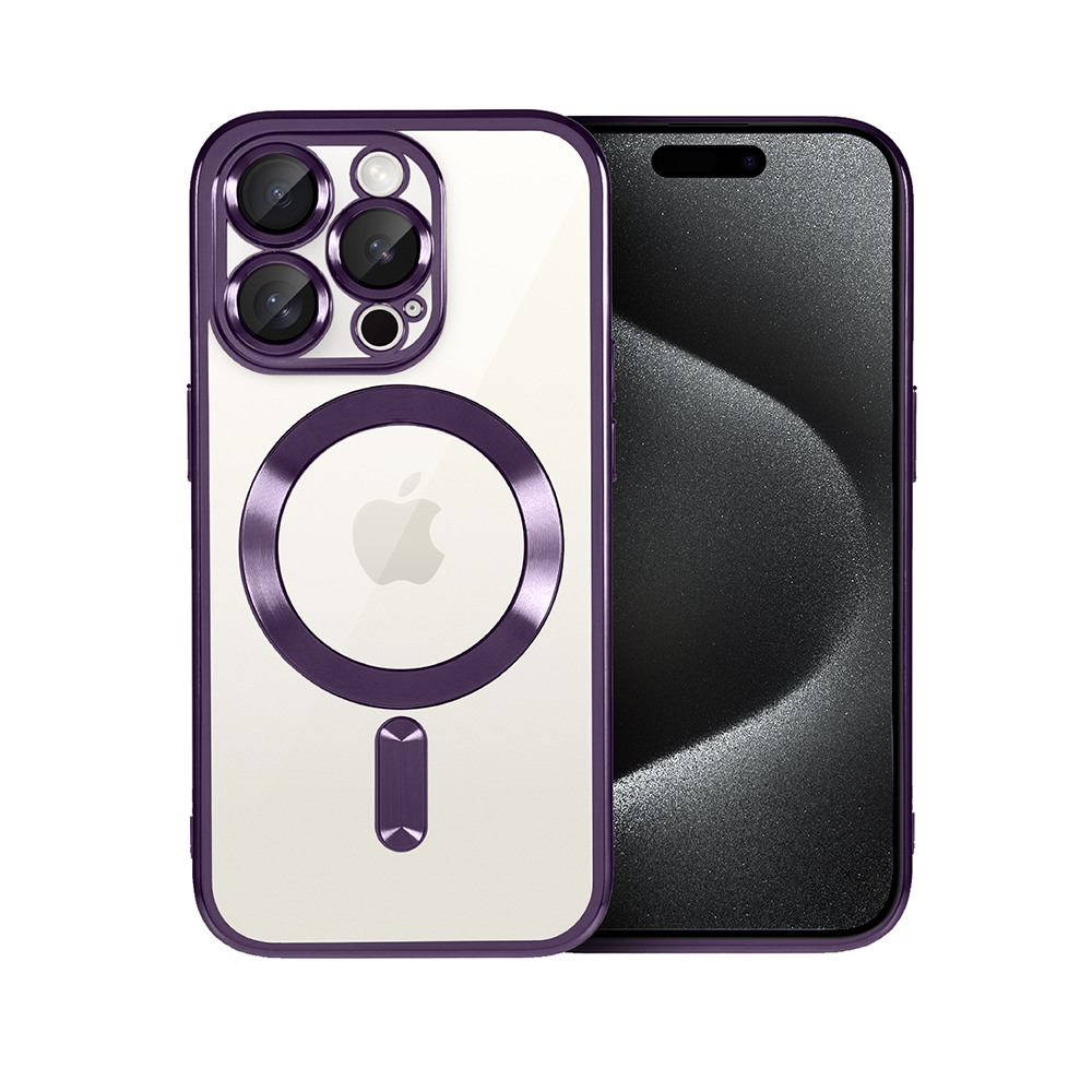 Etui do iPhone 15 Pro MagSafe Luxury Protect przeźroczyste, hybrydowa ochrona kamery, purpurowe