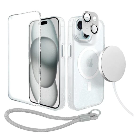 Perfect Match do iPhone 15 - zestaw Super Hybrid Sparkle + akcesoria, srebrny (7)