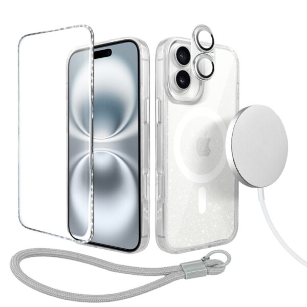 Perfect Match do iPhone 16 – zestaw Super Hybrid Sparkle + akcesoria, srebrny