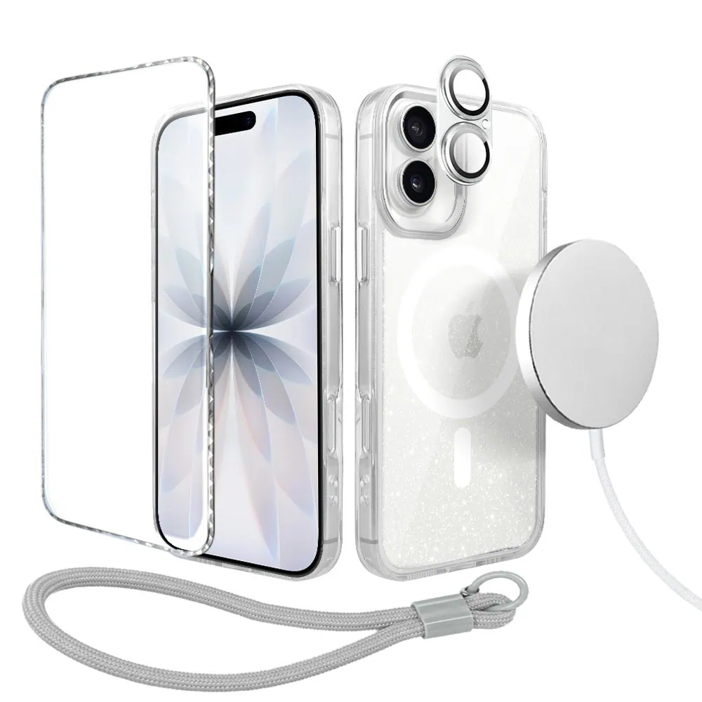 Perfect Match do iPhone 17 – zestaw Super Hybrid Sparkle + akcesoria, srebrny