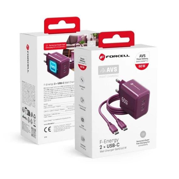 bardzo szybka ładowarka, gan, zasilacz avs, 60 w z kablem 2x usb c do iphone 15/16/17/18, burgundowa