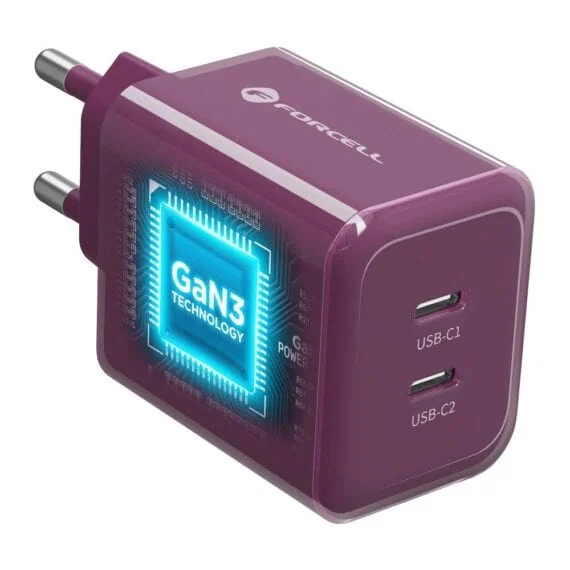 bardzo szybka ładowarka, gan, zasilacz avs, 60 w z kablem 2x usb c do iphone 15/16/17/18, burgundowa