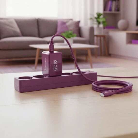 bardzo szybka ładowarka, gan, zasilacz avs, 60 w z kablem 2x usb c do iphone 15/16/17/18, burgundowa