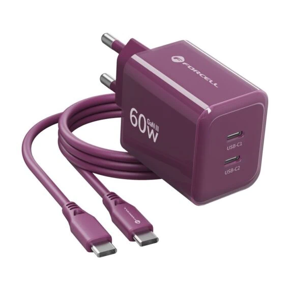 bardzo szybka ładowarka, gan, zasilacz avs, 60 w z kablem 2x usb c do iphone 15/16/17/18, burgundowa