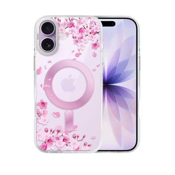 etui do iphone 17 ibizu pretty clear, metalowa osłona aparatu, przeźroczyste do magsafe, kwiat wiśni
