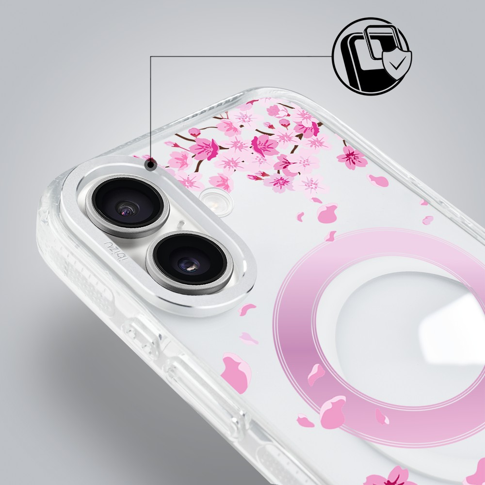 etui do iphone 17 ibizu pretty clear, metalowa osłona aparatu, przeźroczyste do magsafe, kwiat wiśni