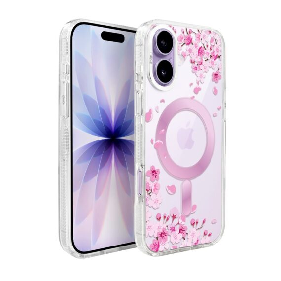 etui do iphone 17 ibizu pretty clear, metalowa osłona aparatu, przeźroczyste do magsafe, kwiat wiśni