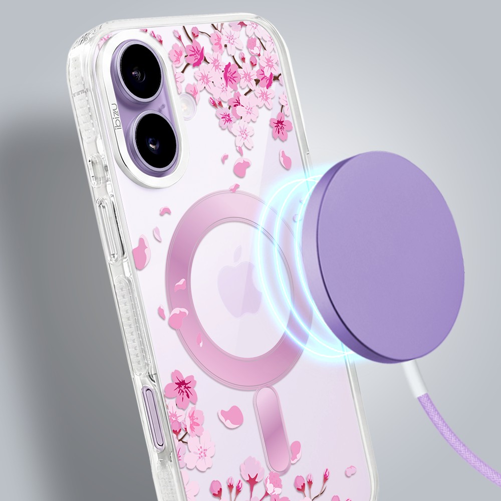 etui do iphone 17 ibizu pretty clear, metalowa osłona aparatu, przeźroczyste do magsafe, kwiat wiśni
