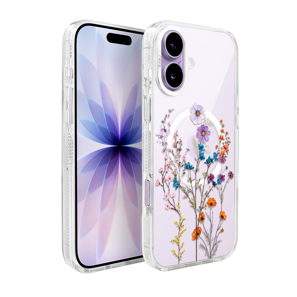 etui do iphone 17 ibizu pretty clear, metalowa osłona aparatu, przeźroczyste do magsafe, kwiaty różnokolorowe