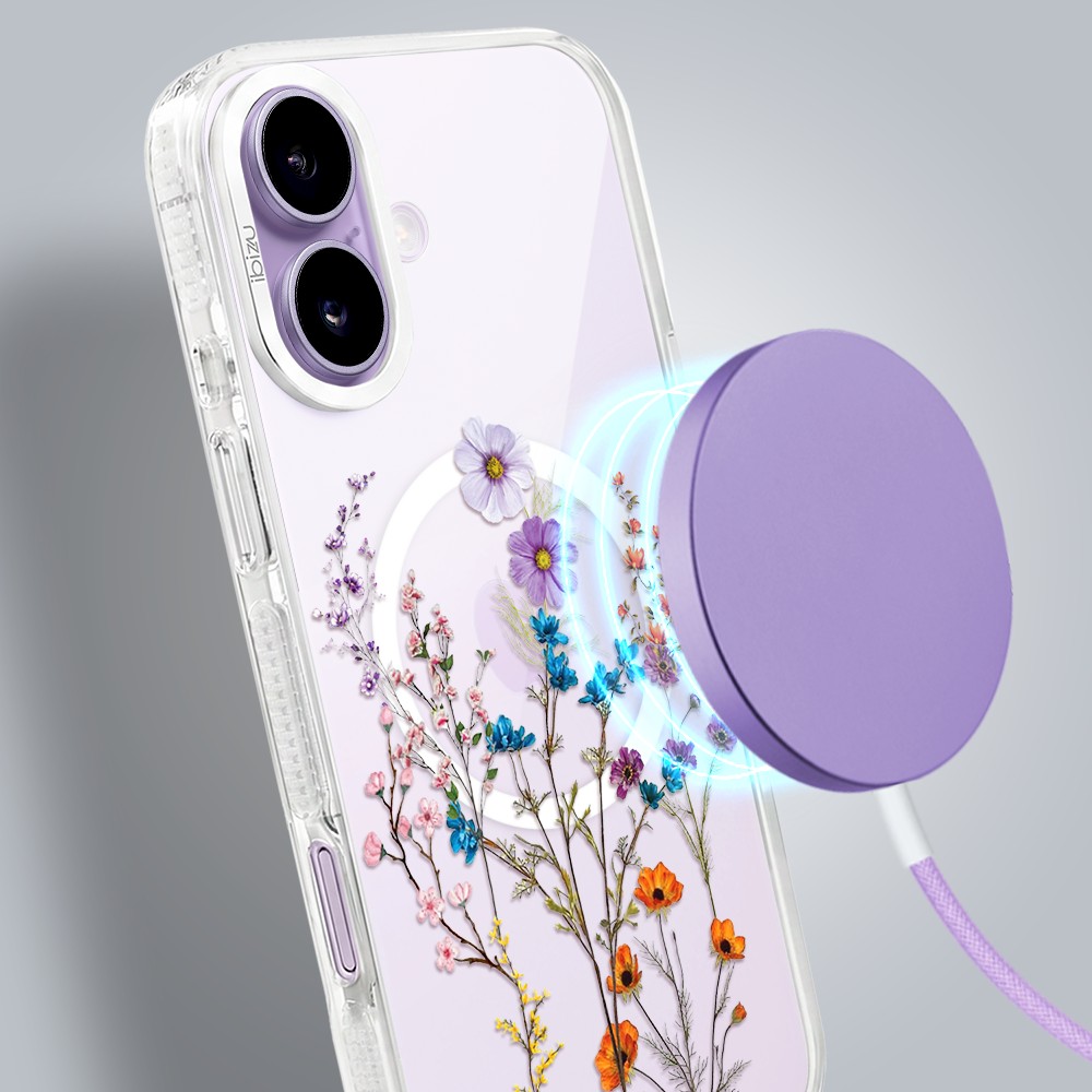 etui do iphone 17 ibizu pretty clear, metalowa osłona aparatu, przeźroczyste do magsafe, kwiaty różnokolorowe