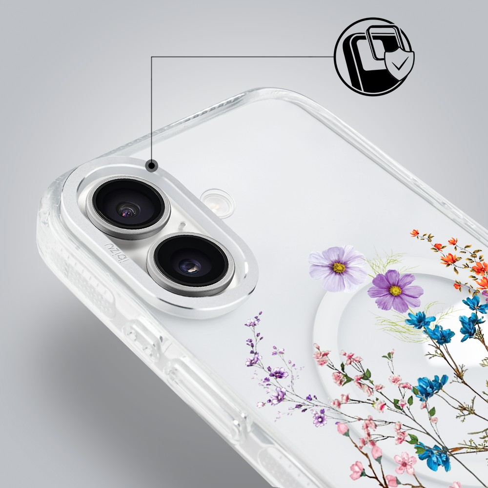 etui do iphone 17 ibizu pretty clear, metalowa osłona aparatu, przeźroczyste do magsafe, kwiaty różnokolorowe