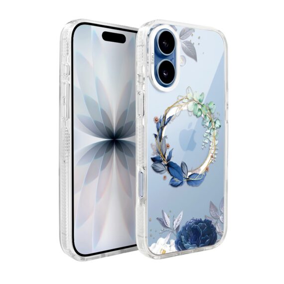 etui do iphone 17 ibizu pretty clear, metalowa osłona aparatu, przeźroczyste do magsafe, niebieskie kwiaty