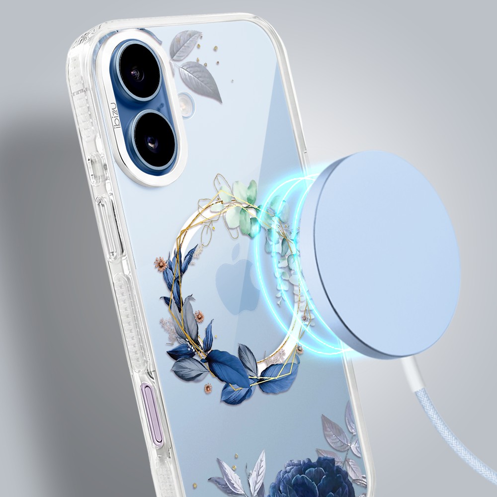 etui do iphone 17 ibizu pretty clear, metalowa osłona aparatu, przeźroczyste do magsafe, niebieskie kwiaty