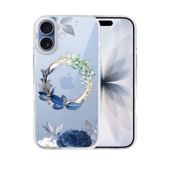 etui do iphone 17 ibizu pretty clear, metalowa osłona aparatu, przeźroczyste do magsafe, niebieskie kwiaty