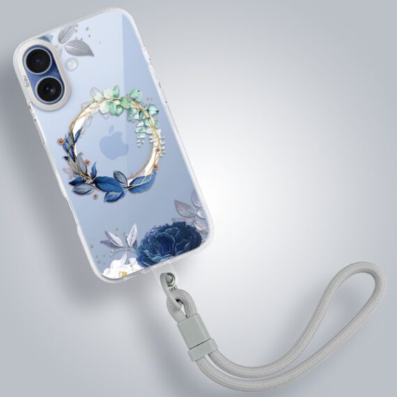 etui do iphone 17 ibizu pretty clear, metalowa osłona aparatu, przeźroczyste do magsafe, niebieskie kwiaty