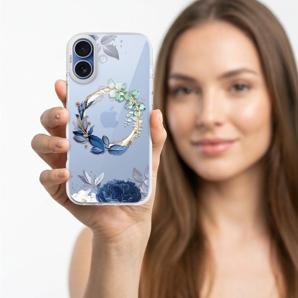 etui do iphone 17 ibizu pretty clear, metalowa osłona aparatu, przeźroczyste do magsafe, niebieskie kwiaty