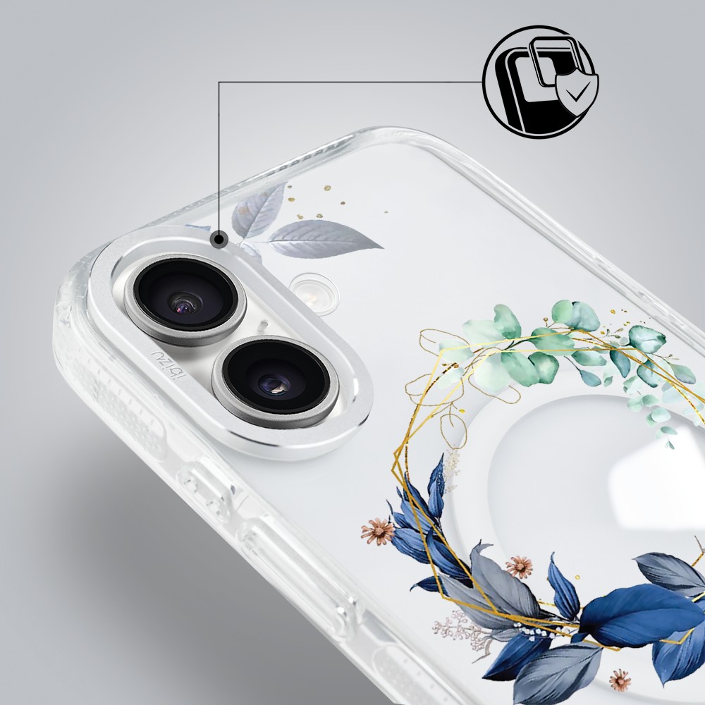 etui do iphone 17 ibizu pretty clear, metalowa osłona aparatu, przeźroczyste do magsafe, niebieskie kwiaty