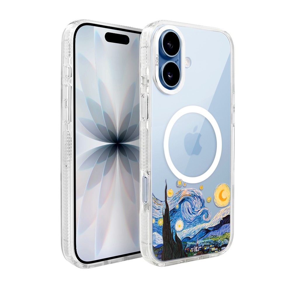 Etui do iPhone 17 IBIZU Pretty Clear, metalowa osłona aparatu, przeźroczyste do MagSafe, obraz Van Gogh