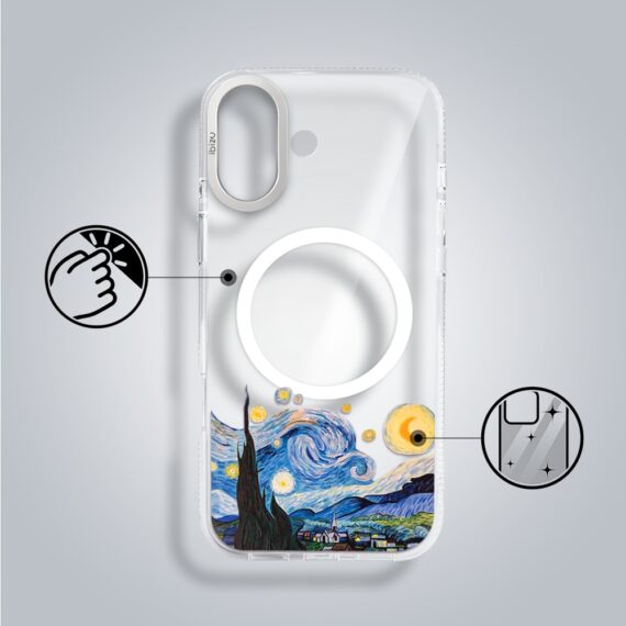 etui do iphone 17 ibizu pretty clear, metalowa osłona aparatu, przeźroczyste do magsafe, obraz van gogh