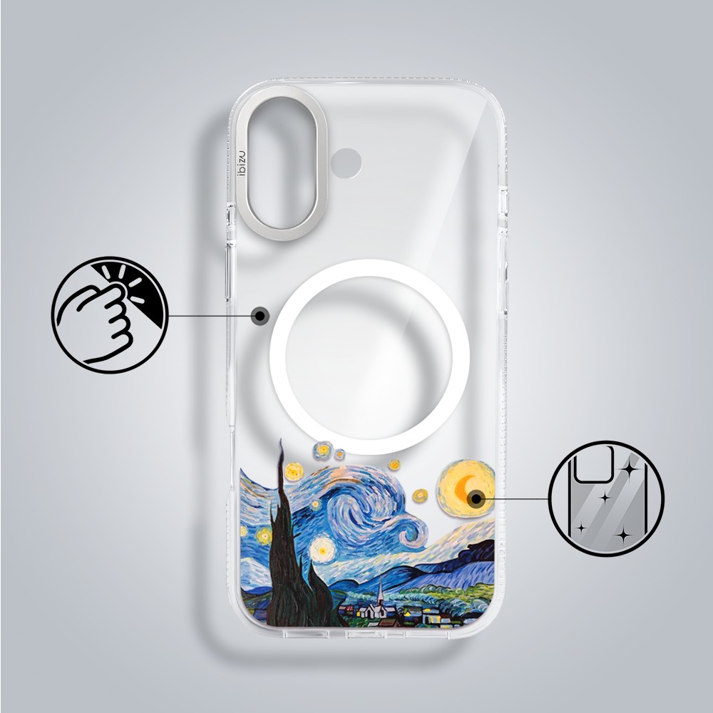 etui do iphone 17 ibizu pretty clear, metalowa osłona aparatu, przeźroczyste do magsafe, obraz van gogh