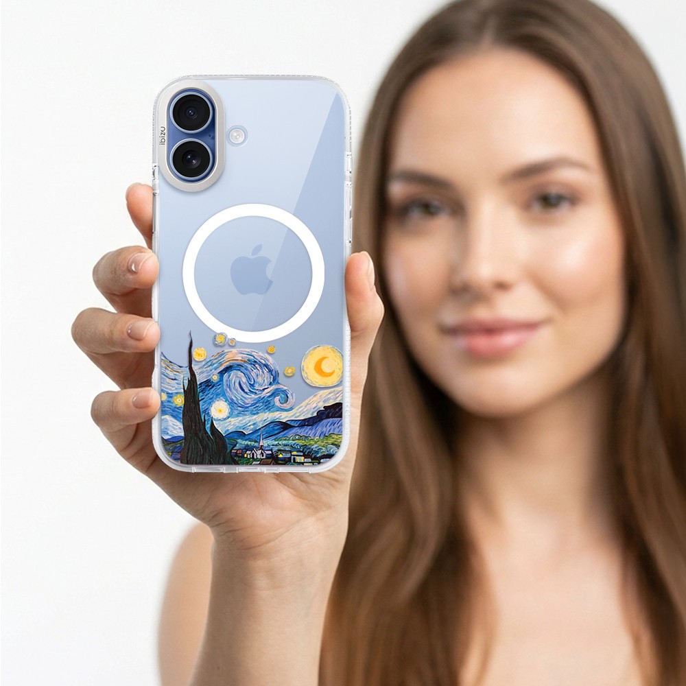 etui do iphone 17 ibizu pretty clear, metalowa osłona aparatu, przeźroczyste do magsafe, obraz van gogh