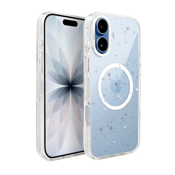 etui do iphone 17 ibizu pretty clear, metalowa osłona aparatu, przeźroczyste do magsafe, srebrne gwiazdki
