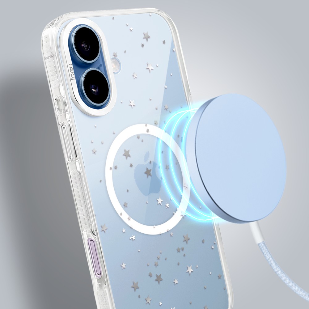 etui do iphone 17 ibizu pretty clear, metalowa osłona aparatu, przeźroczyste do magsafe, srebrne gwiazdki