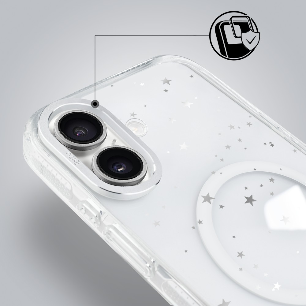 etui do iphone 17 ibizu pretty clear, metalowa osłona aparatu, przeźroczyste do magsafe, srebrne gwiazdki