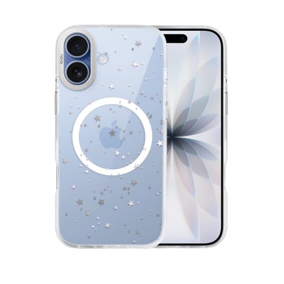 etui do iphone 17 ibizu pretty clear, metalowa osłona aparatu, przeźroczyste do magsafe, srebrne gwiazdki