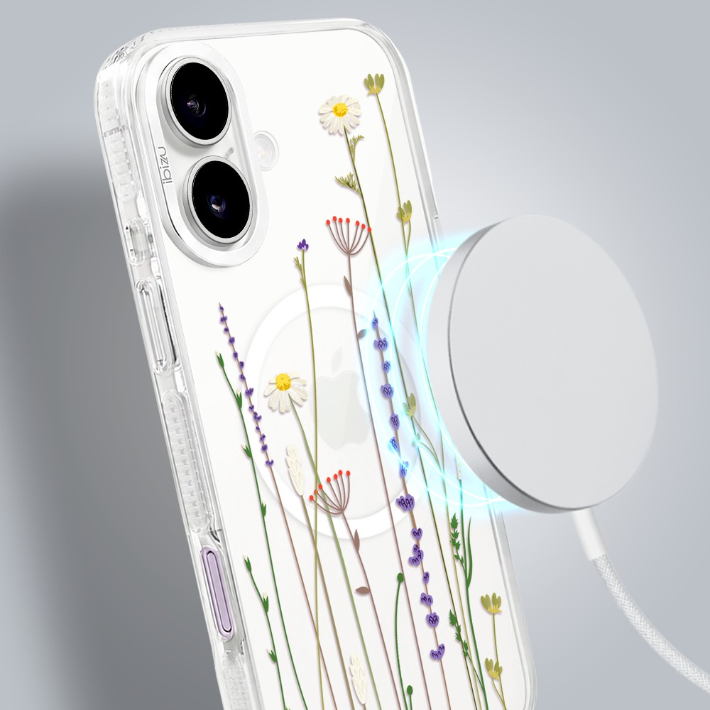etui do iphone 17 ibizu pretty clear, metalowa osłona aparatu, przeźroczyste do magsafe, wiosenne kwiaty