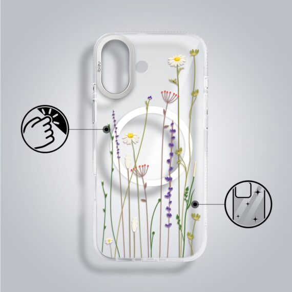 etui do iphone 17 ibizu pretty clear, metalowa osłona aparatu, przeźroczyste do magsafe, wiosenne kwiaty