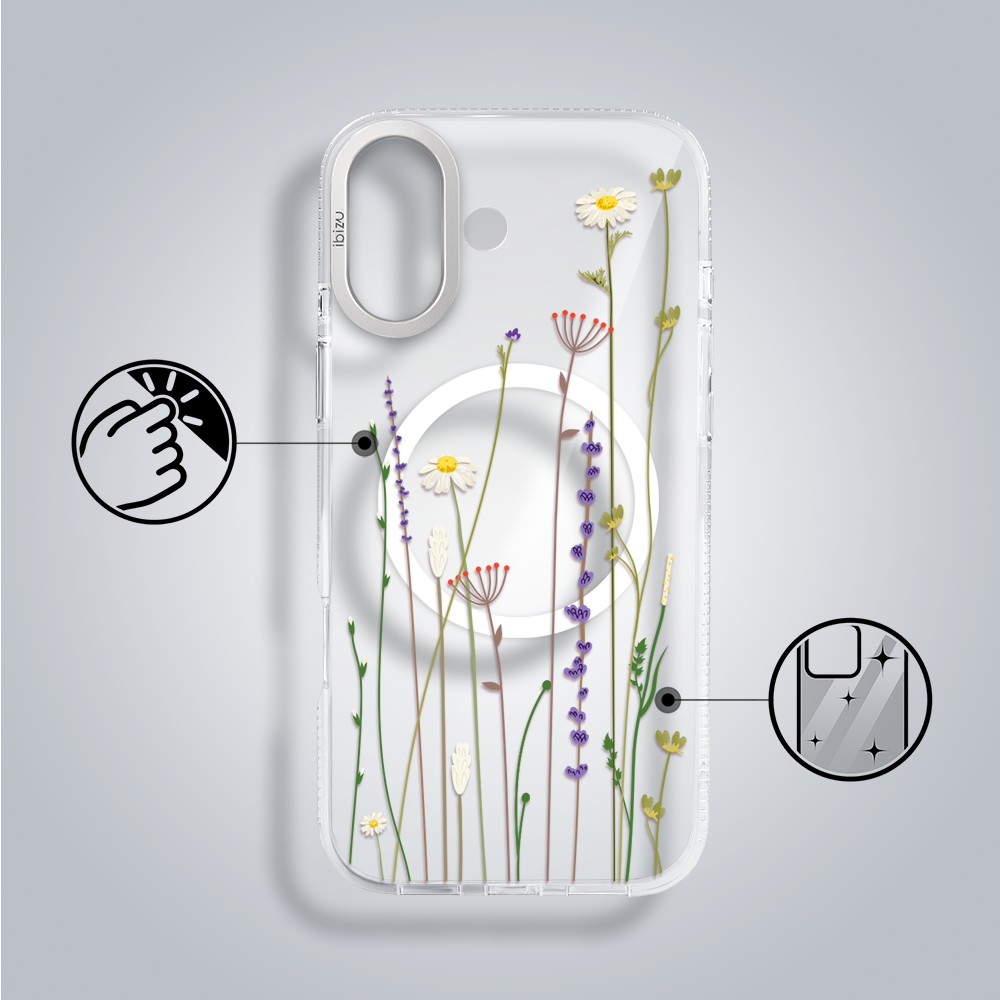 etui do iphone 17 ibizu pretty clear, metalowa osłona aparatu, przeźroczyste do magsafe, wiosenne kwiaty