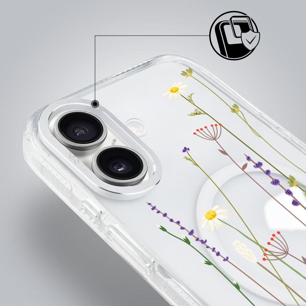 etui do iphone 17 ibizu pretty clear, metalowa osłona aparatu, przeźroczyste do magsafe, wiosenne kwiaty