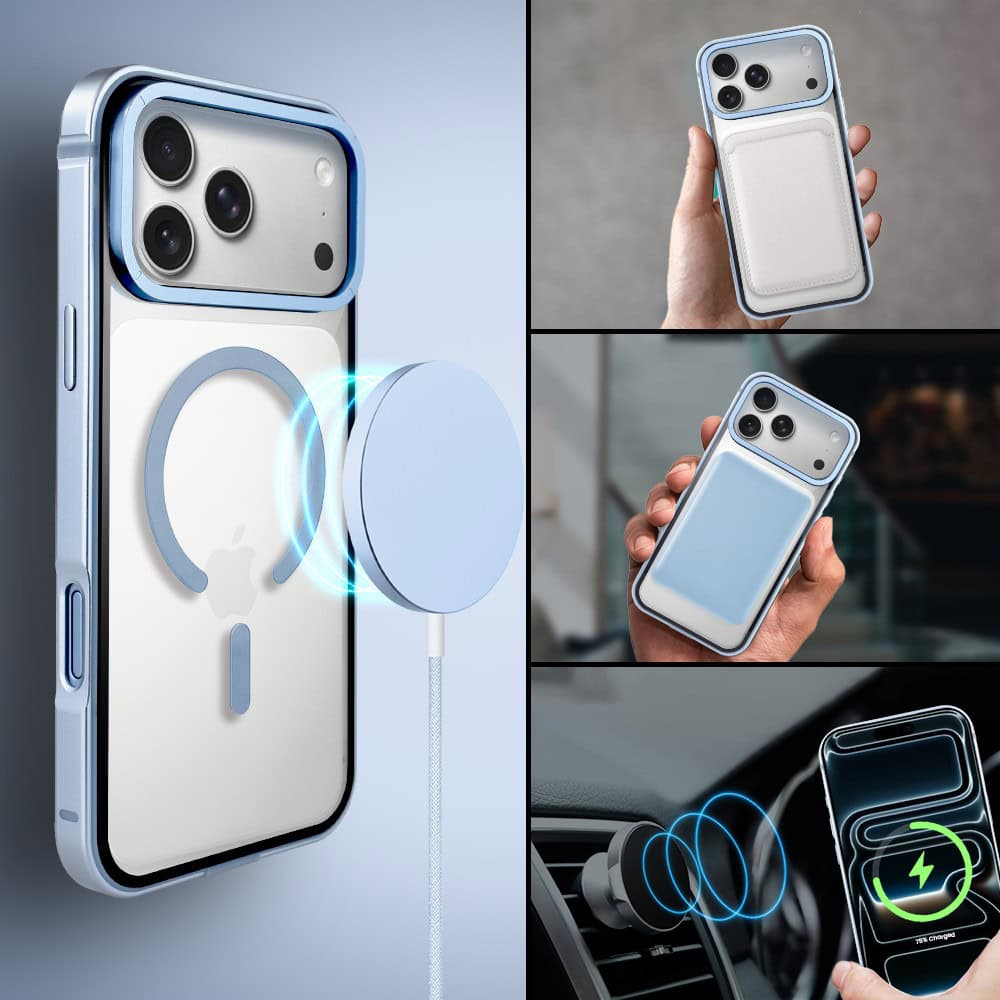 etui do iphone 17 pro ibizu elite skin z magsafe, krystalicznie czyste z metalową ramką, błękit lodowca