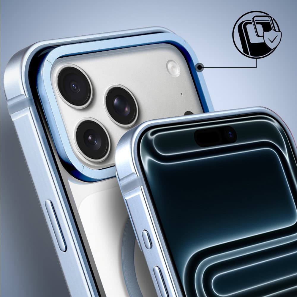 etui do iphone 17 pro ibizu elite skin z magsafe, krystalicznie czyste z metalową ramką, błękit lodowca