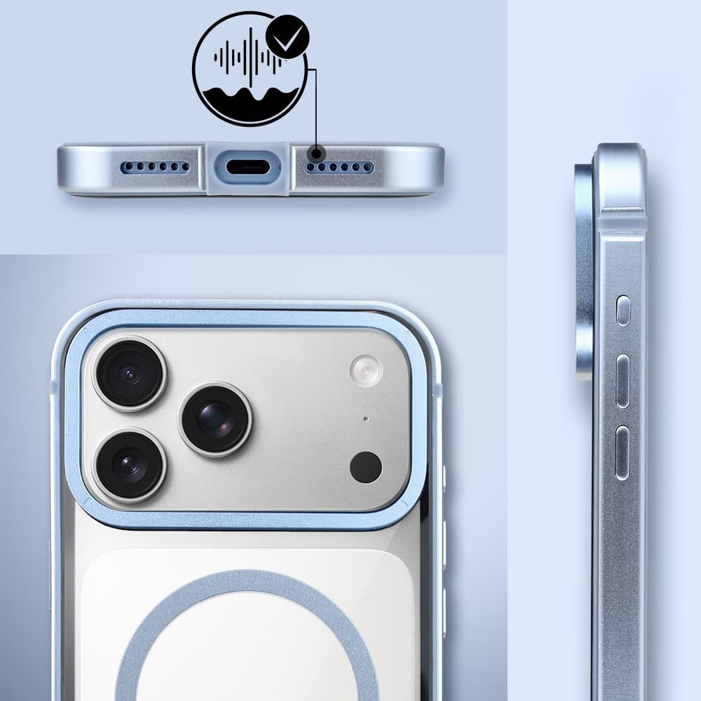etui do iphone 17 pro ibizu elite skin z magsafe, krystalicznie czyste z metalową ramką, błękit lodowca