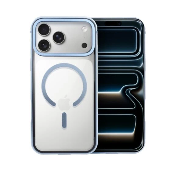 etui do iphone 17 pro ibizu elite skin z magsafe, krystalicznie czyste z metalową ramką, błękit lodowca