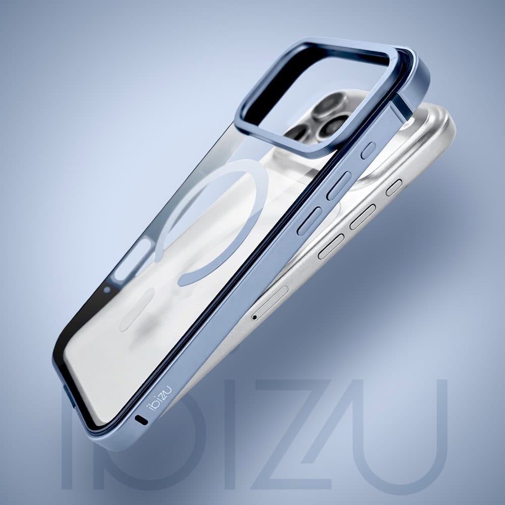 etui do iphone 17 pro ibizu elite skin z magsafe, krystalicznie czyste z metalową ramką, błękit lodowca
