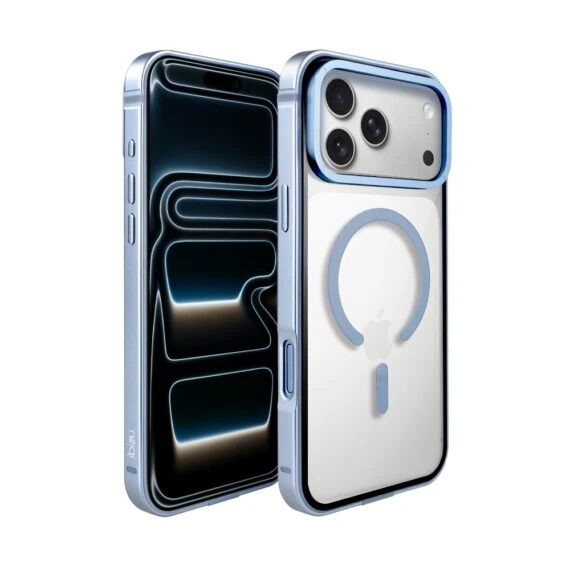 etui do iphone 17 pro ibizu elite skin z magsafe, krystalicznie czyste z metalową ramką, błękit lodowca