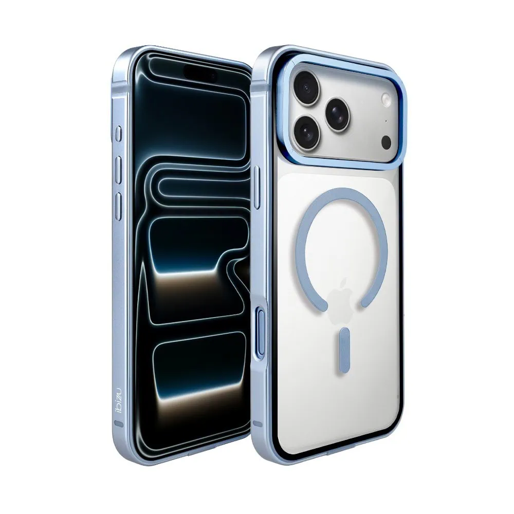etui do iphone 17 pro ibizu elite skin z magsafe, krystalicznie czyste z metalową ramką, błękit lodowca