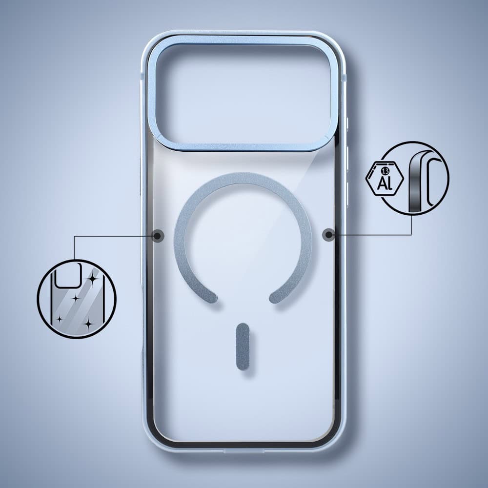 etui do iphone 17 pro ibizu elite skin z magsafe, krystalicznie czyste z metalową ramką, błękit lodowca