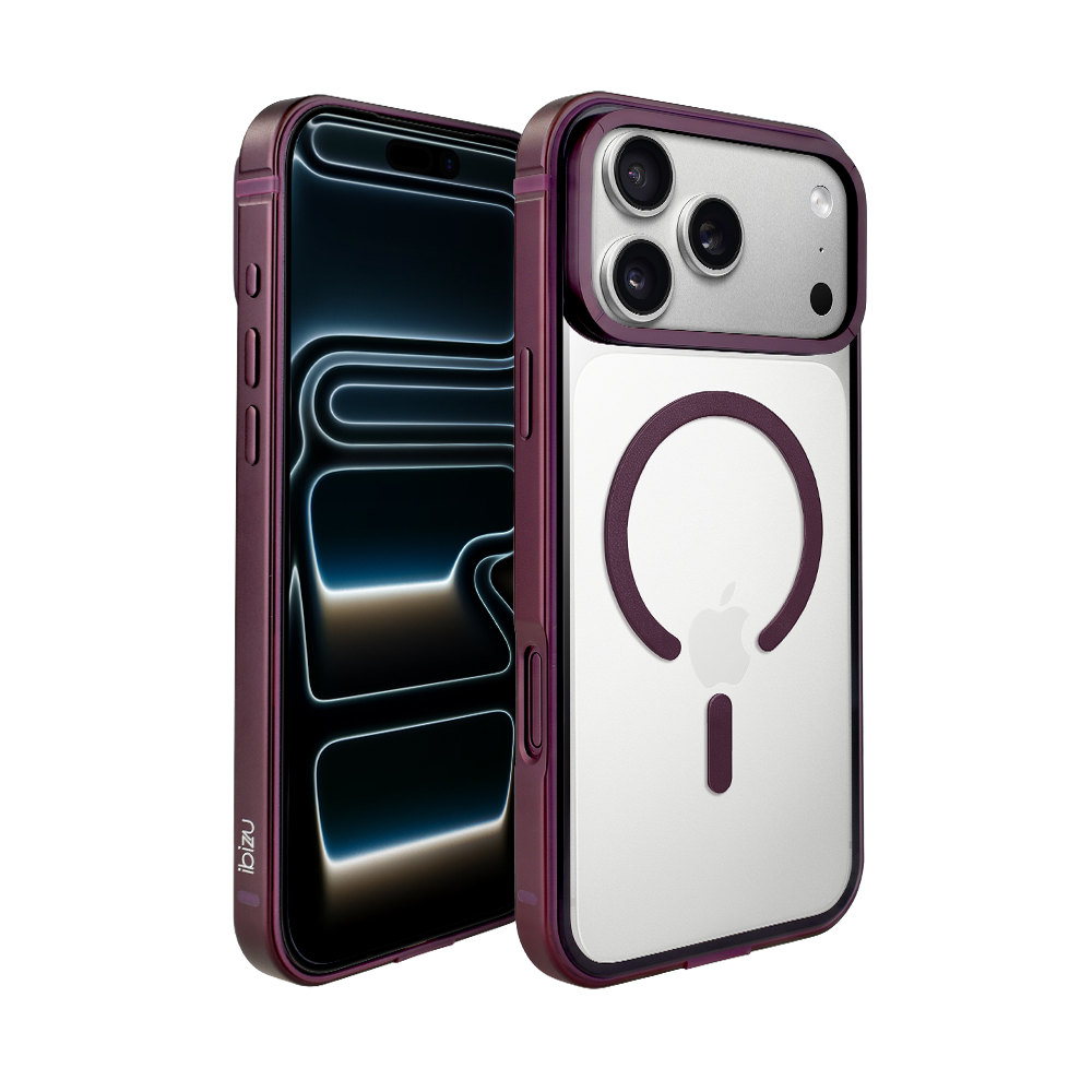 etui do iphone 17 pro ibizu elite skin z magsafe, krystalicznie czyste z metalową ramką, burgundowe