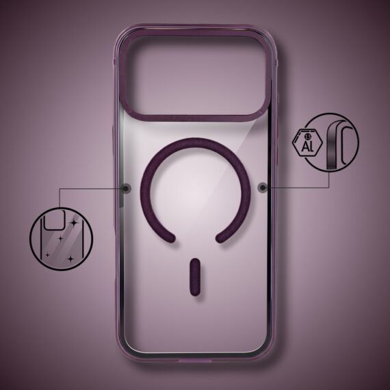 etui do iphone 17 pro ibizu elite skin z magsafe, krystalicznie czyste z metalową ramką, burgundowe
