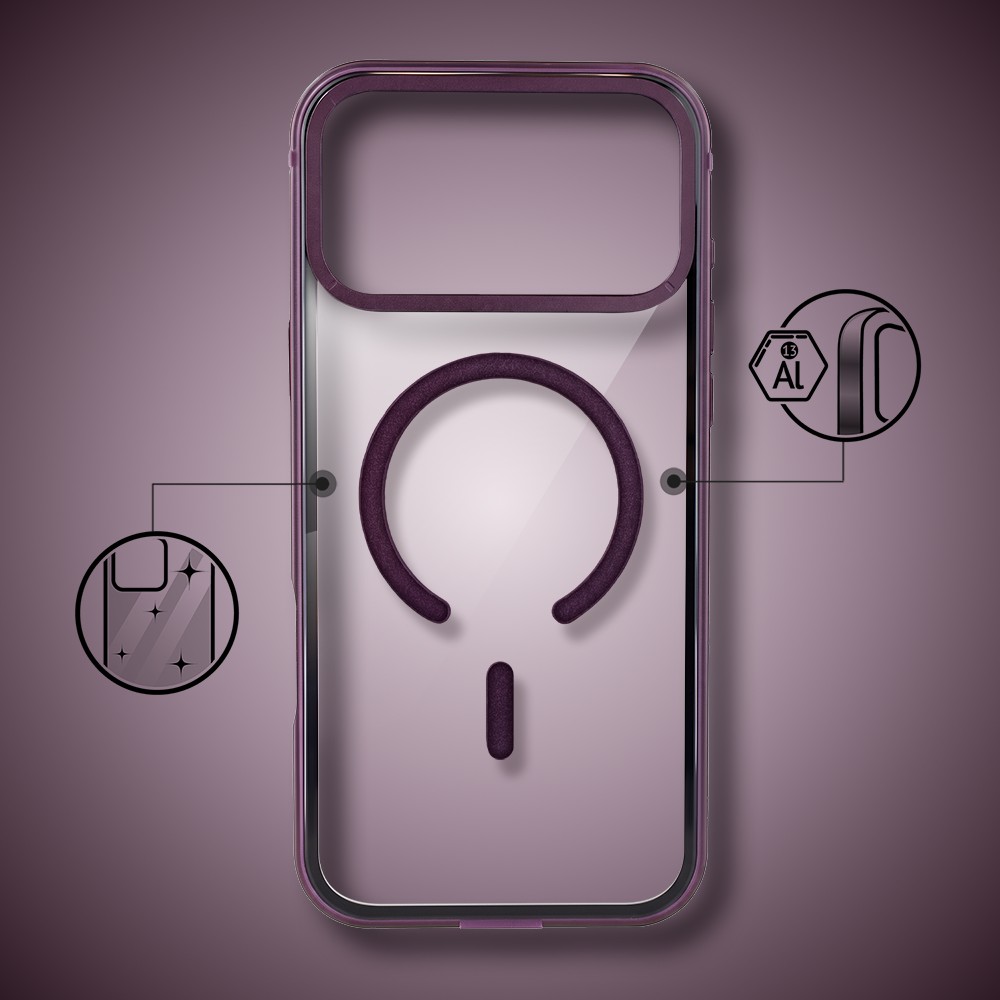 etui do iphone 17 pro ibizu elite skin z magsafe, krystalicznie czyste z metalową ramką, burgundowe