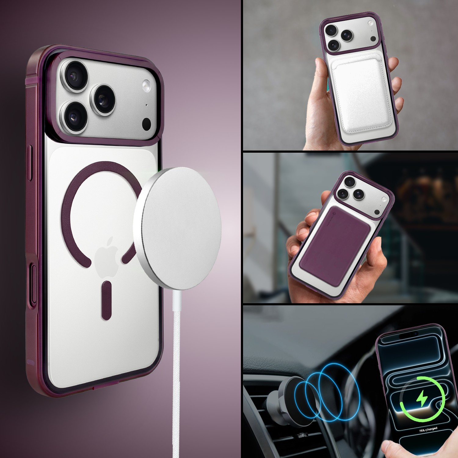 etui do iphone 17 pro ibizu elite skin z magsafe, krystalicznie czyste z metalową ramką, burgundowe