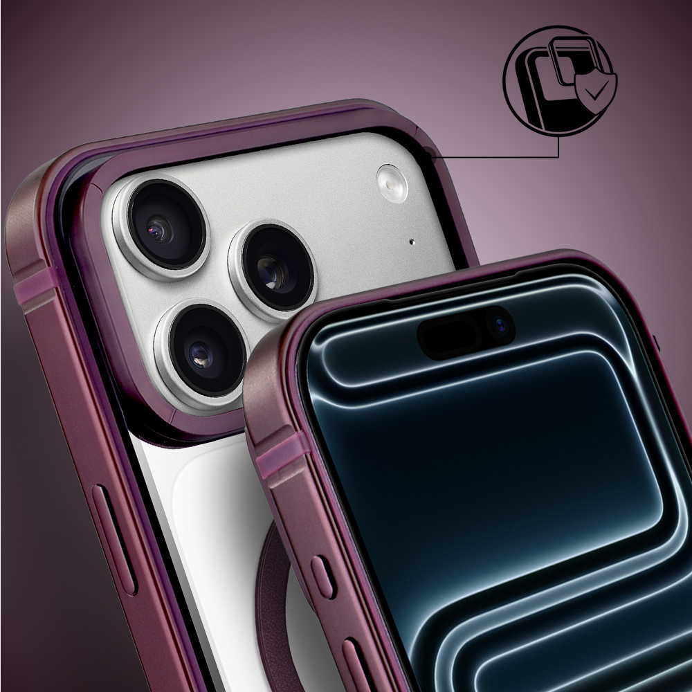 etui do iphone 17 pro ibizu elite skin z magsafe, krystalicznie czyste z metalową ramką, burgundowe