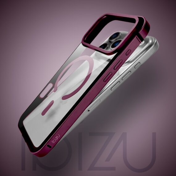 etui do iphone 17 pro ibizu elite skin z magsafe, krystalicznie czyste z metalową ramką, burgundowe