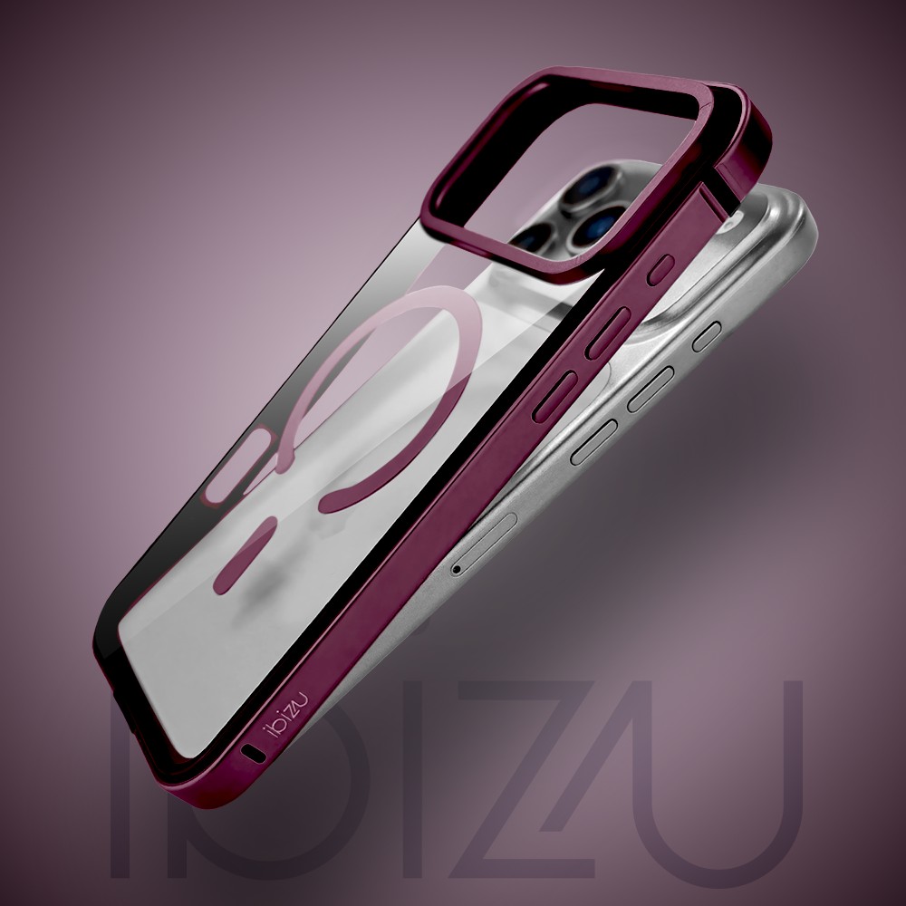 etui do iphone 17 pro ibizu elite skin z magsafe, krystalicznie czyste z metalową ramką, burgundowe