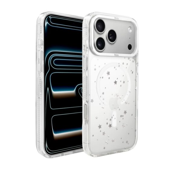 etui do iphone 17 pro ibizu pretty clear, metalowa osłona aparatu, przeźroczyste do magsafe, srebrne gwiazdki